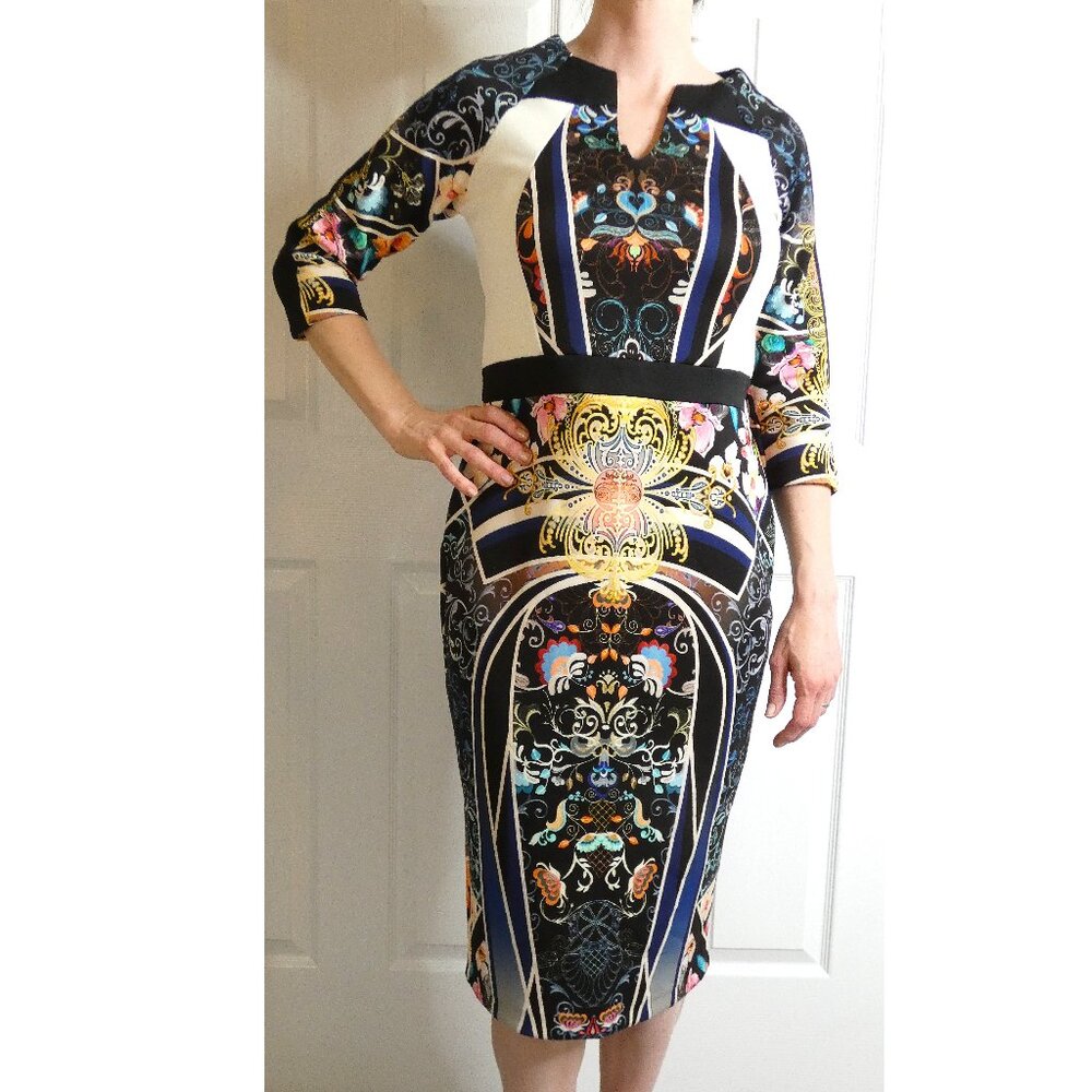 River Island Holiday Party Dress Wm Sz 8 Abstract Stretchy Unique Posh OOAK